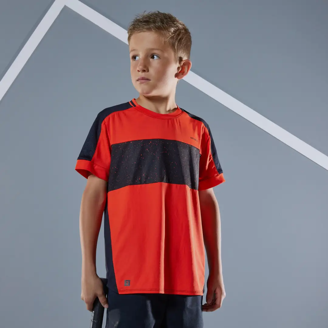  Tricou Tenis TTS500 Negru-Roșu Băieți 
